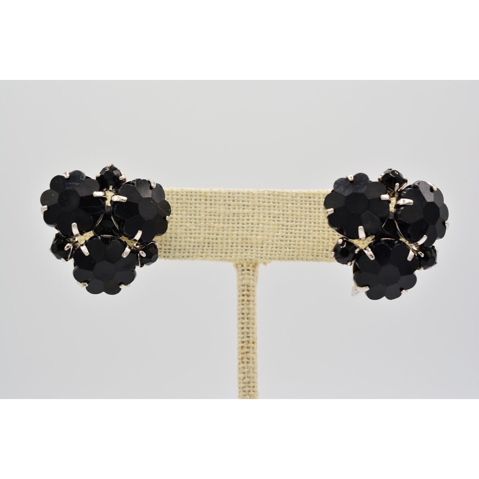 Castlecliff Vintage Clip Earrings Black Rhinestone Crystal Prong Signed Binae